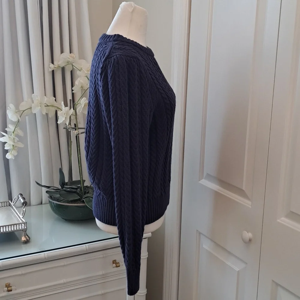J.Crew‎ Womens Navy Cableknit Crewneck Pullover Sweater Puff Sleeves MED - Picture 4 of 7
